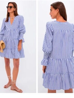 Blue Stripe Tiered V-Neck Women's Dress size medium